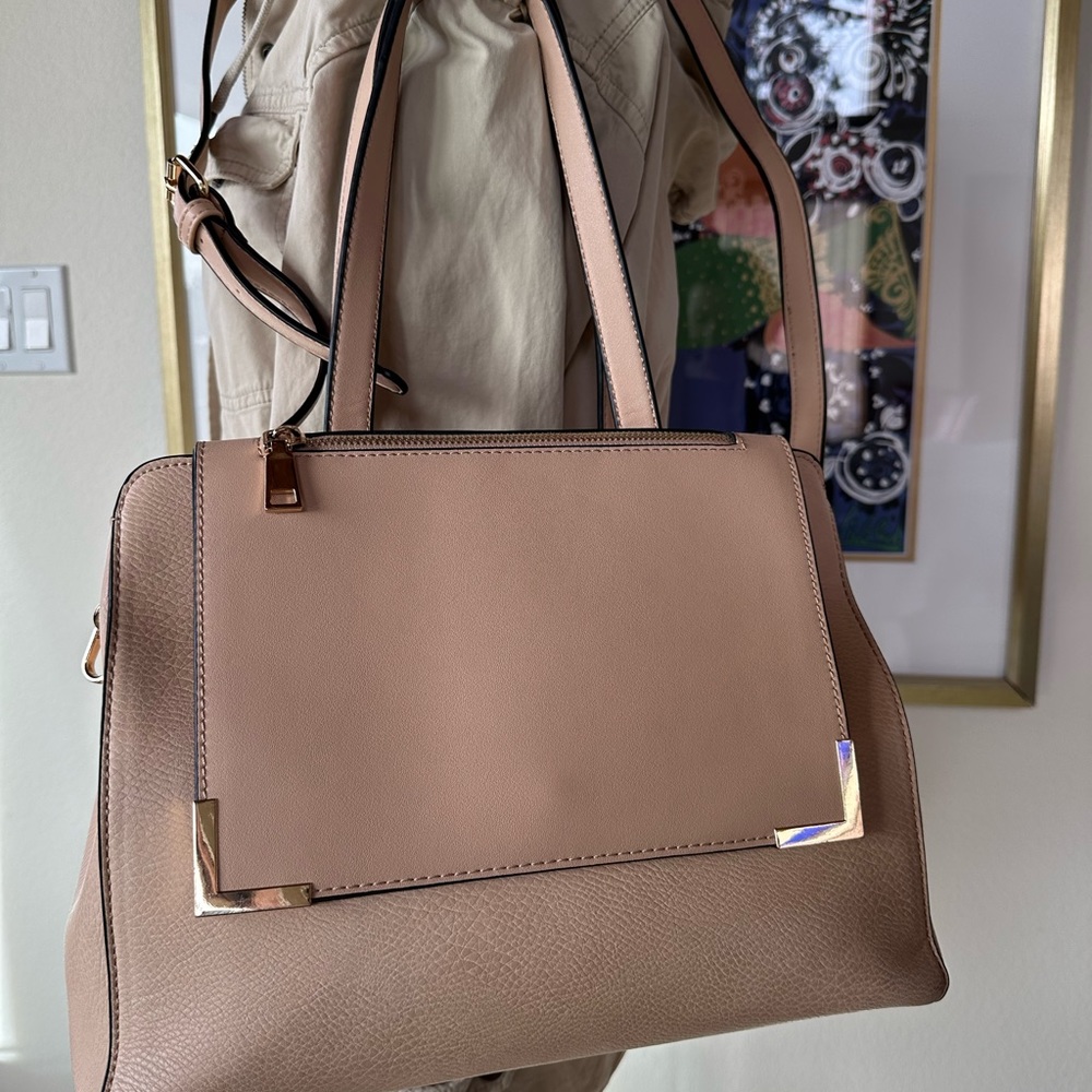 NWOT Taupe Faux Leather Adjustable Work Tote Handbag Crossbody Gold Hardware
